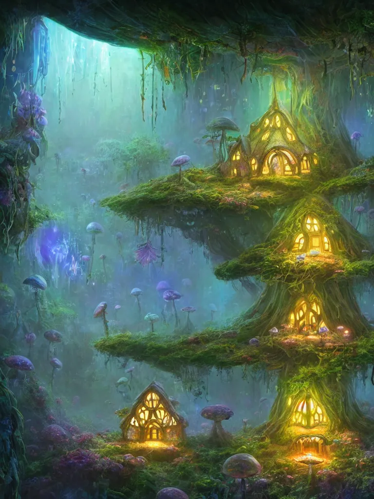 Image similar to the interior of a celestial dainty fairy cottage in a bioluminescent tree trunk decorated beautifully, lots of cyberpunk design elements like toadstool mushrooms and small robots, warm sunlight shining in, lots of plants and flowers, concept art 8 k resolution, fantasy illustration, sharp focus, detailed painting, deep color, volumetric lighting, crepuscular rays