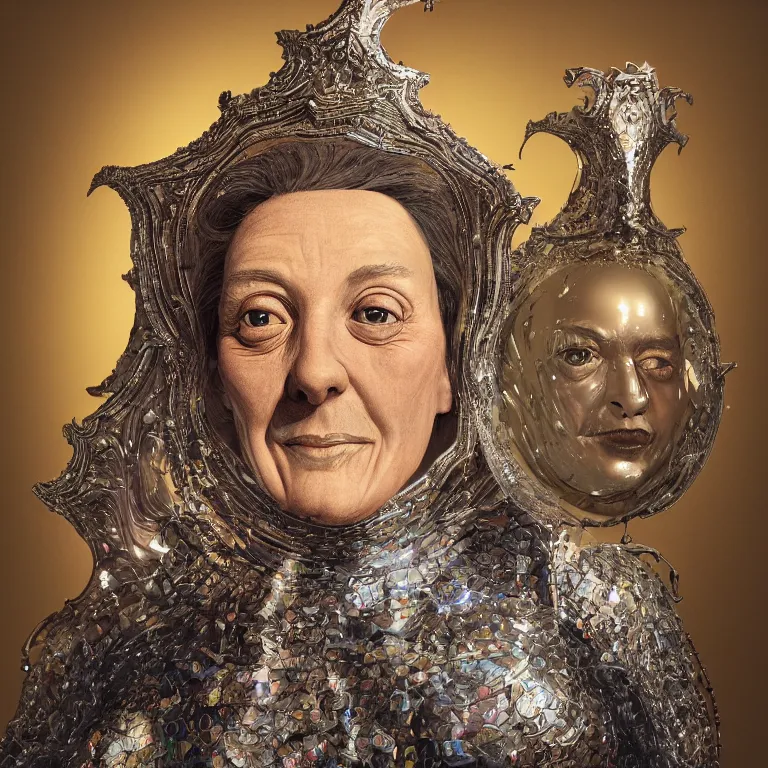 Image similar to octane render portrait by wayne barlow and carlo crivelli and glenn fabry and salvador dali, a 1 4 th century woman in a dramatic period dress with a giant iridescent silver shakespeare style collar, cinema 4 d, ray traced lighting, very short depth of field, bokeh, hypersurrealism