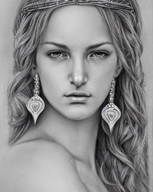 Image similar to pencil drawing of a beautiful greek goddess aphrodite with arrowhead earrings, beautiful piercing eyes, beautiful blonde hair, hyper realistic face, in the style of greg rutkowski, fantasy, amazing detail, epic, elegant, smooth, sharp focus, from the front