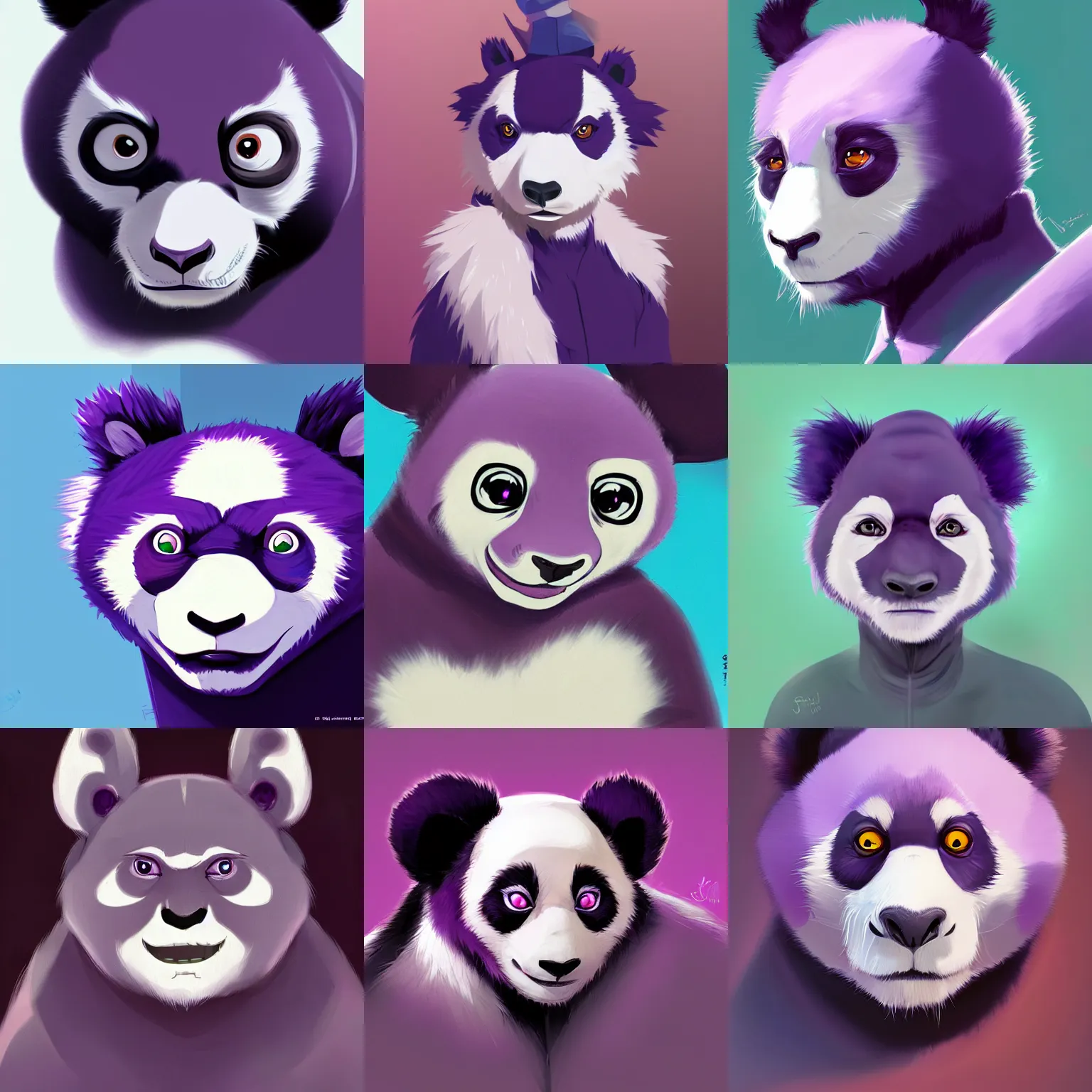 Prompt: character concept portrait, purple panda, digital painting, concept art, smooth, sharp focus, illustration by studio ghibli