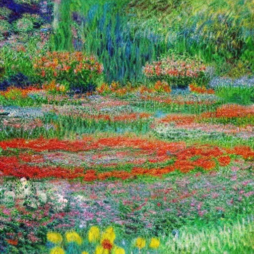 Image similar to a gorgeous garden on the edge of a cliff filled with beautiful flowers of all colors and from all around the world, monet