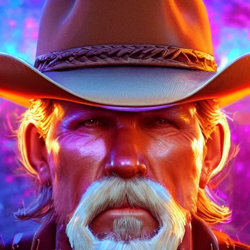 Image similar to Photorealistic Wyatt Earp as a space cowboy. Hyperdetailed photorealism, 108 megapixels, amazing depth, glowing rich colors, powerful imagery, psychedelic Overtones, 3D finalrender, 3d shading, cinematic lighting, artstation concept art