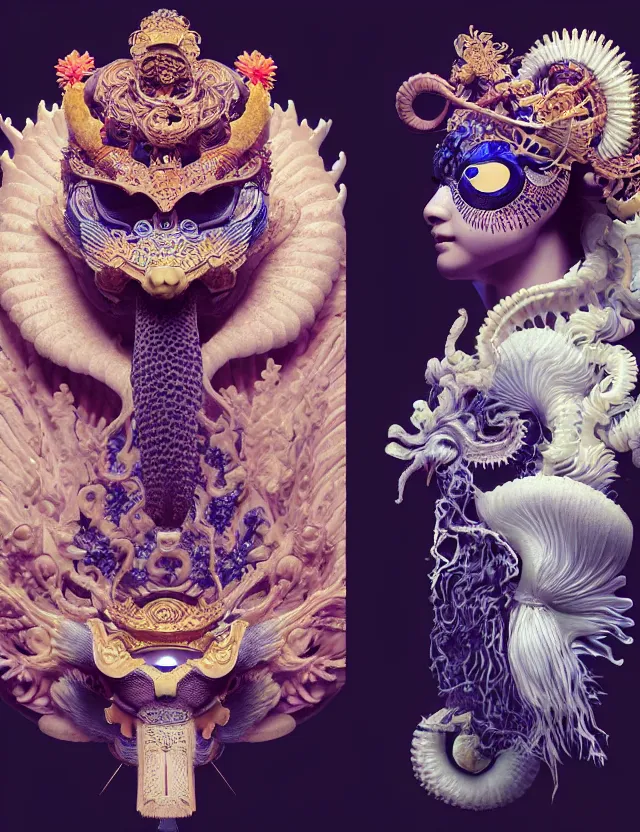 Image similar to 3 d goddess close - up profile portrait with crown, ram skull. beautiful intricately detailed japanese crow kitsune mask and clasical japanese kimono. betta fish, jellyfish phoenix, bio luminescent, plasma, ice, water, wind, creature, artwork by tooth wu and wlop and beeple and greg rutkowski