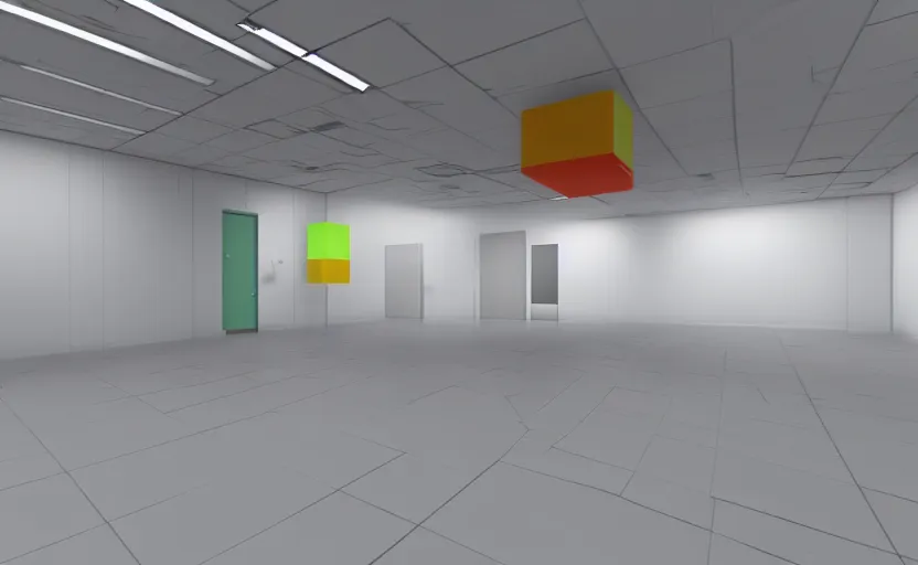 Prompt: empty room, open floor, large random with colourful 3 d objects, unreal engine and v - ray render.
