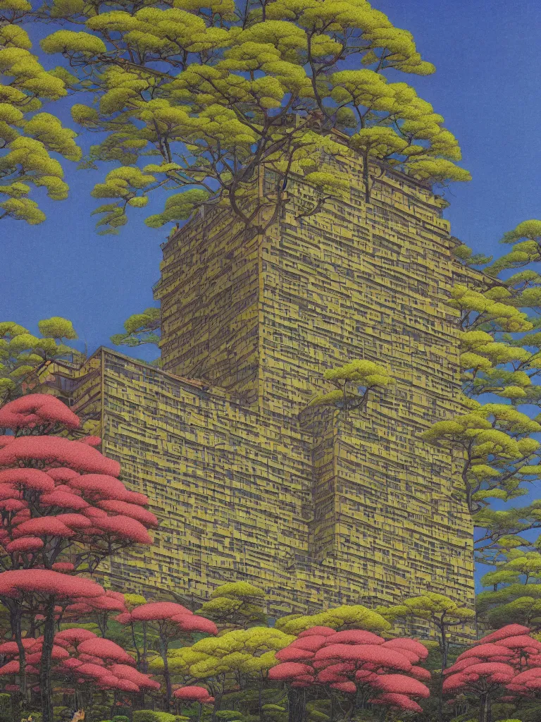 Image similar to a psychedelic hallucination of a brutalist hotel in the springtime blossom mountains, by kawase hasui, moebius, edward hopper, colorful flat surreal design, dramatic lighting, hd, 8 k, artstation