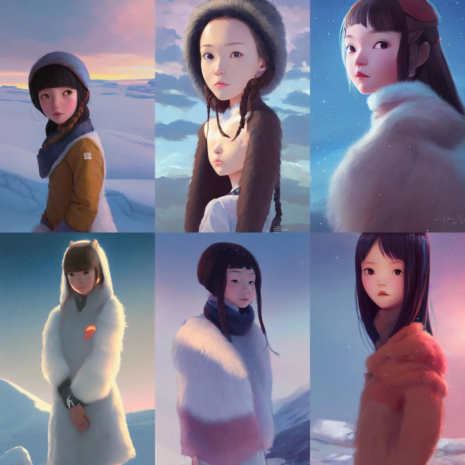 Prompt: a portrait of a cute young female inuit, arctic setting, vivid colors, soft lighting, atmospheric, cinematic, moody, in the style of ilya kuvshinov and range murata, krenz cushart, rule of thirds, oil on canvas, 8 k