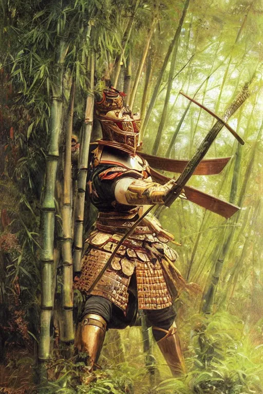 Image similar to close up of samurai warrior in full armor, in a bamboo forest, by vladimir volegov and alexander averin and delphin enjolras and daniel f. gerhartz