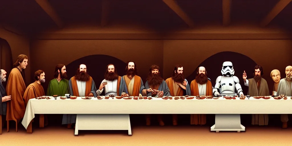 Image similar to star wars last supper by wes anderson, digital painting, trending on artstation, sharp focus, 4 k