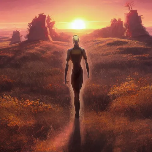 Prompt: cinematic shot of a mech whos standing on a hill looking in the horizon sunset surface digital painting, artstation, concept art, soft light, hdri, smooth, sharp focus, illustration, fantasy, intricate, elegant, highly detailed, D&D, matte painting, in the style of Greg Rutkowski and Alphonse Mucha and artemisia, 8k, highly detailed, jurgens, rutkowski, bouguereau, pastoral, rustic, georgic