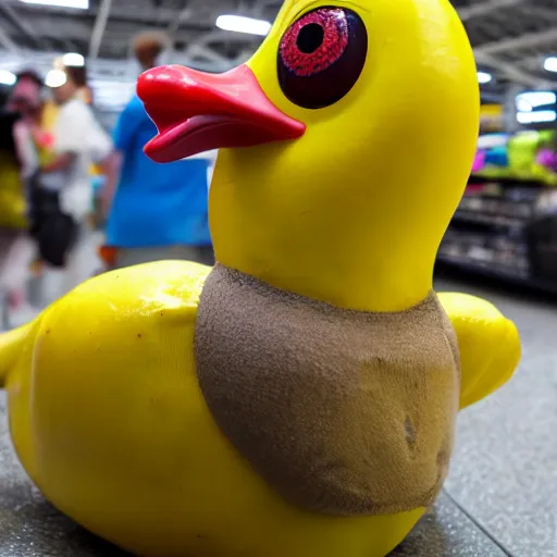 Prompt: banana duck at Walmart, peeled banana with googly eyes and duck beak, goofy banana duck hybrid spotted at Walmart. ISO 300, depth of field