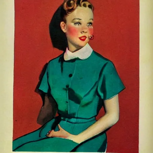 Image similar to “Sydney Sweeney portrait, color vintage magazine illustration 1950”