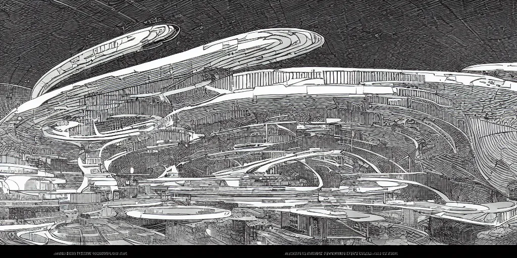 Image similar to architectural overview of a science fiction space port, drawn by James Joyce, in the style of Moebius