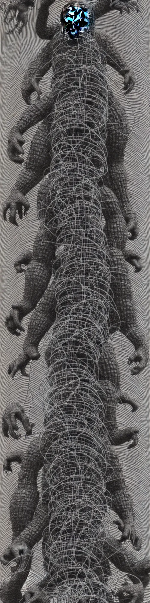 Image similar to hologram king kong and godzilla spiraling together like liquid smoke, loose wires, exposed circuits, trash, china monster building, brutalism, hr giger, basil wolverton, minakari, vegetal patterns