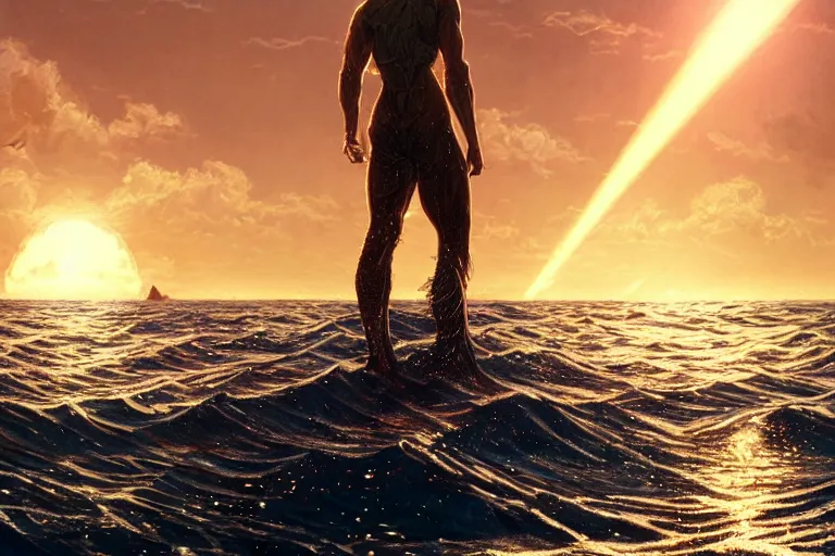 Image similar to detailed intricate digital illustration by greg rutkowski and artgerm and wlop and sanford robinson gifford ; nuclear bomb radiating bright, blinding lens flare across the horizon of a serene ocean, beautiful, glistening water and waves ; 1 3 mm film, arri alfa anamorphic lens, golden hour lighting ; sharp focus ; trending on artstation 8 k