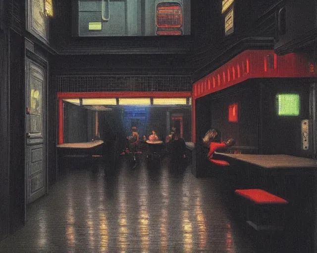 Prompt: the last open cyberpunk cafe in the futuristic dark city during a rainy night by hopper, edward