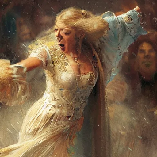 Image similar to an elated renaissance chancellor, dancing a jig, character portrait by greg rutkowski, gaston bussiere, craig mullins