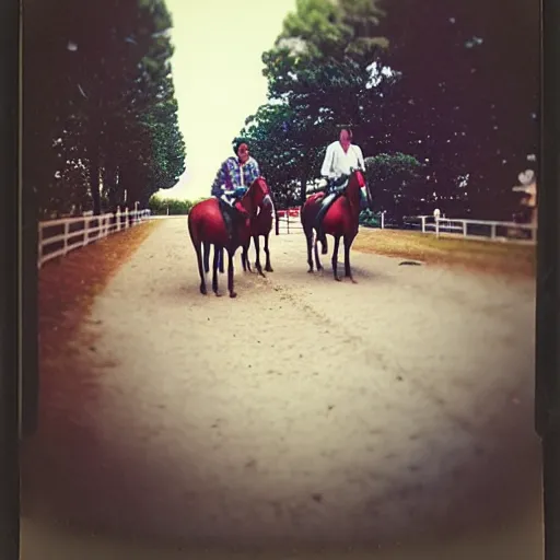 Image similar to Western, people on horses with wheels instead of legs, polaroid, bokeh