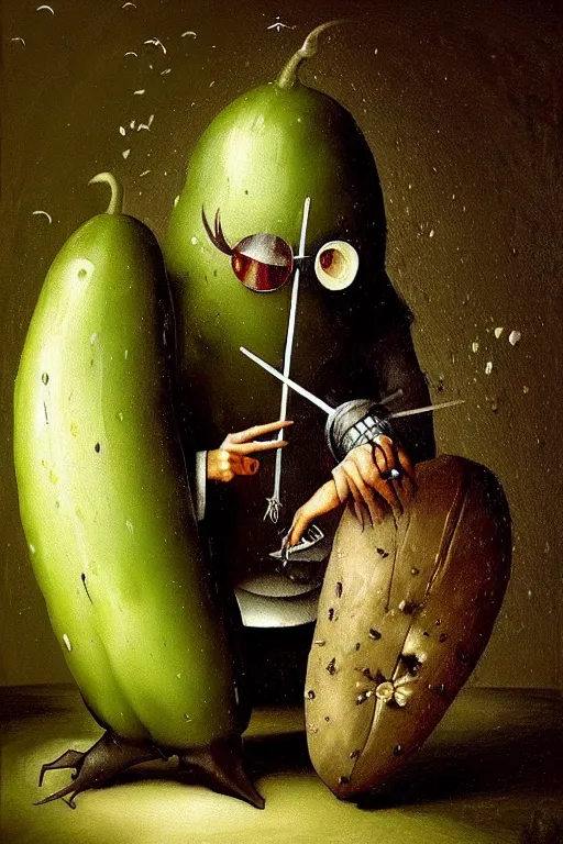 Image similar to hieronymus bosch, greg rutkowski, anna podedworna, painting of a pickle in a suit and eye with an eyepatch