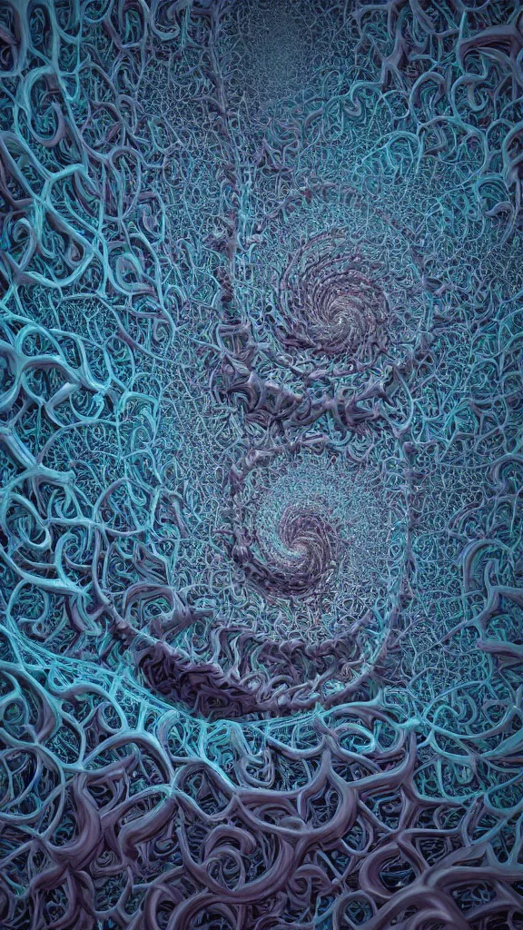 Prompt: 3d fractal wallpaper by Escher, spirals tubes roots, psychedelic!!, mandelbulb 3d, digital art, high details, depth of field, hard lighting!, trending on artstation, deviantart, octane render, HD, (((Low light))), 8k, eric zener, zdzisław beksiński, dark background