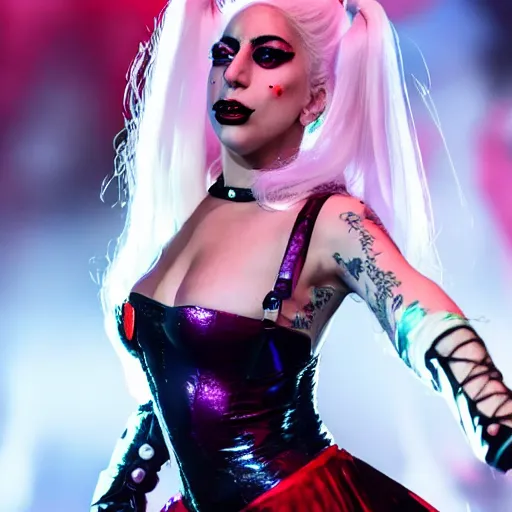 Image similar to beautiful awe inspiring Lady Gaga playing Harley Quinn 8k hdr moody lighting