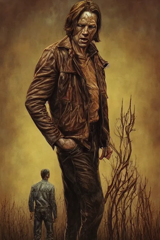 Prompt: a bloody and beaten man in a brown leather jacket in the style of of true detective. art by tomasz alen kopera and glenn fabry.