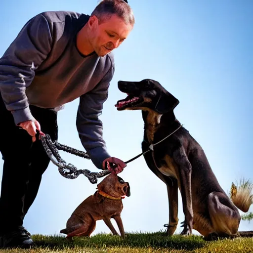 Prompt: photo of a man walking a bizarre creature on a leash like a dog