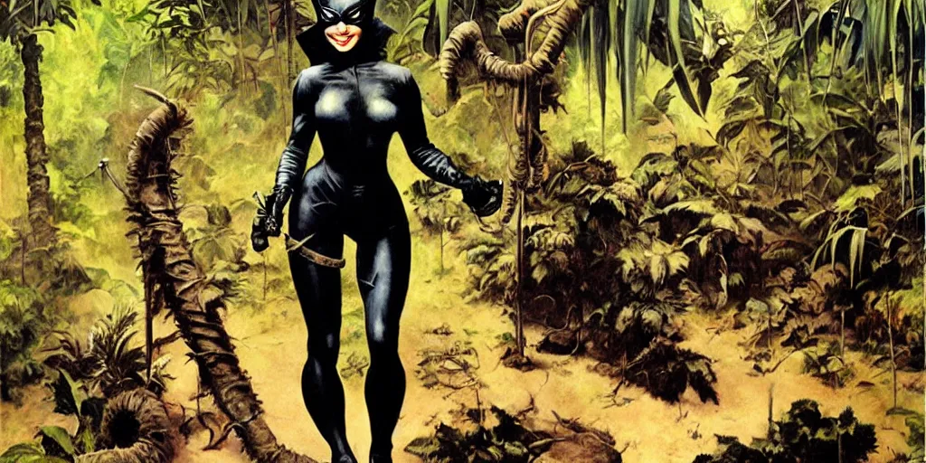 Prompt: frazetta catwoman in army uniform full body panoramic portrait textured oil painting jungle background