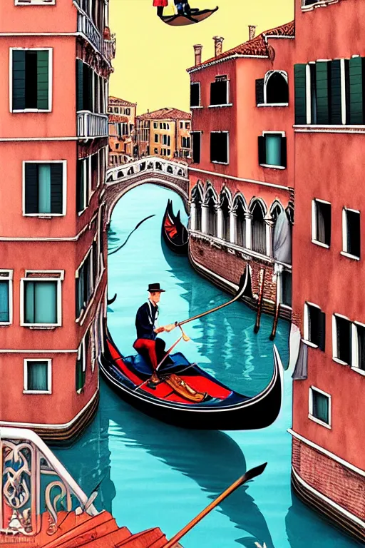 Prompt: a venice gondola levitating over a canal in venice, fantasy book cover illustration!!, 1 6 colors, logo, ink drawing, art by jc leyendecker and sachin teng