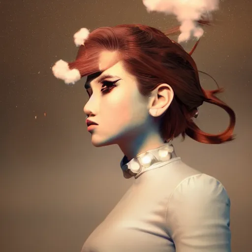 Image similar to beautiful girl in full gown blowing clouds, beautiful portrait, character concept style trending on artstation concept art detailed octane render cinematic photo - realistic 8 k high detailed