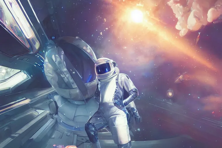 Prompt: futuristic astronaut chasing a distant spaceship Anime, wide angle, fine details, cinematic. colorful galaxy starscape. realistic shaded lighting by Ilya Kuvshinov Giuseppe Dangelico Pino and Michael Garmash and Rob Rey greg rutkowski, octane render, IAMAG premiere, aaaa achievement collection, bullet traces, cinematic hologram, fabulous, daily deviation, annual award winner