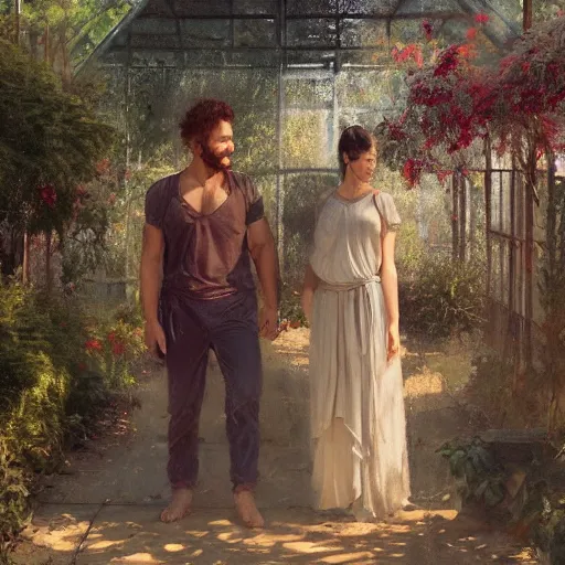 Prompt: Couple at a greenhouse in Ancient Greek | painting by Greg Rutkowski | trending on artstation | 8k | HD