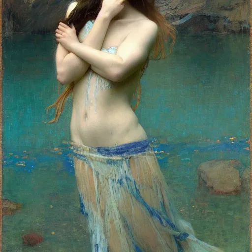 Image similar to girl in a long dress swimming underwater, caustics, painting by Jeremy Lipkings John William Waterhouse Ayami Kojima Amano Alphonse Mucha Charlie Bowater