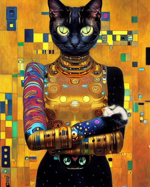 Image similar to robotic cat portrait an oil painting splashes with many colors and shapes by gustav klimt greg rutkowski and alphonse mucha, polycount, generative art, psychedelic, fractalism, glitch art