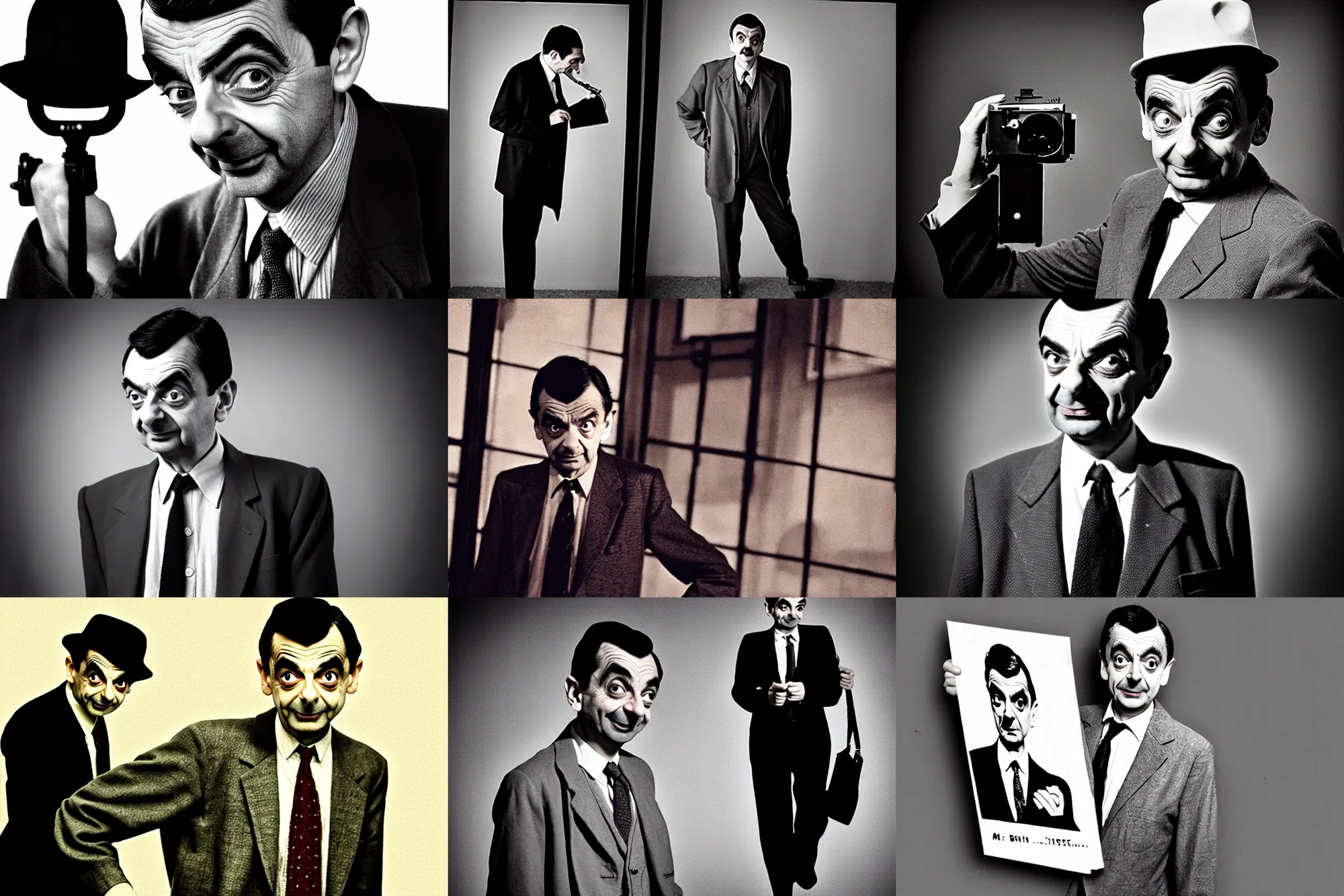 Prompt: mr bean as a film noir detective, grainy photo, vintage photography, vintage clothes