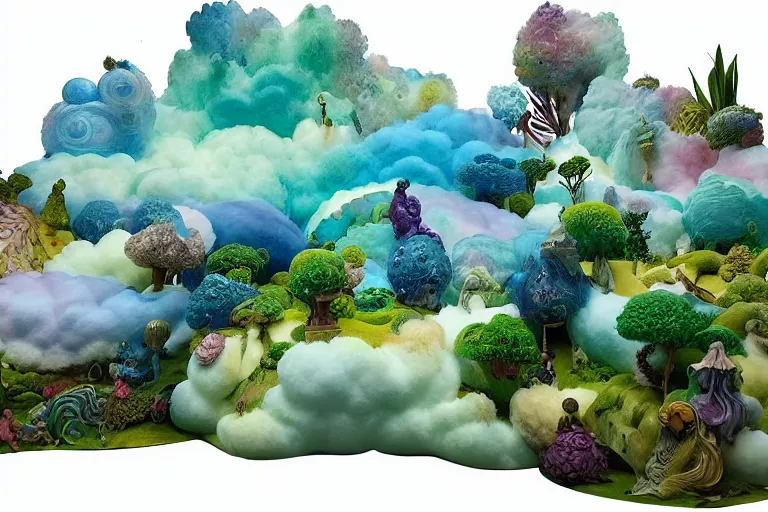 Prompt: a huge flock of many smooth puffy marvelous cloud sculptures with whirling ultra detailed gemstone crystal sculptures, art nouveau jungle environment, playful, award winning art, epic dreamlike fantasy landscape, ultra realistic,