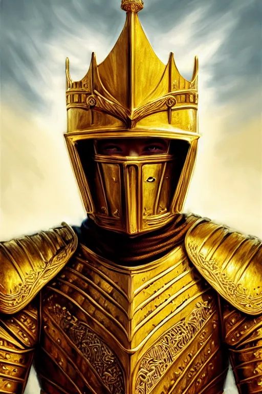 Prompt: hyper-realistic portrait of the King of sand and gold, medieval knight in Golden armour, bright environment, wood throne, white castle interior, photo realistic, beautiful, D&D, fantasy, intricate, cinematic lighting, highly detailed, digital painting, artstation, concept art, smooth, photorealistic, cinematic wallpaper, art by Artgerm and Greg Rutkowski and Alphonse Mucha