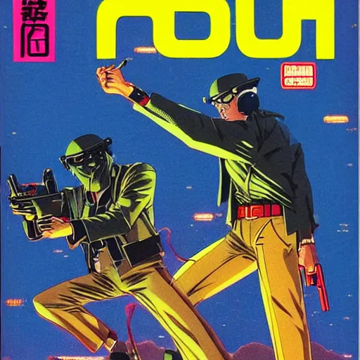 Prompt: 1979 OMNI Magazine Cover of Neo-Tokyo bank robbers, Bank Robbery Movie, Anime, Highly Detailed, Inspired by Heat + Golgo 13 + Lupin the 3rd , 8k :4 by Vincent Di Fate + Katsuhiro Otomo : 8