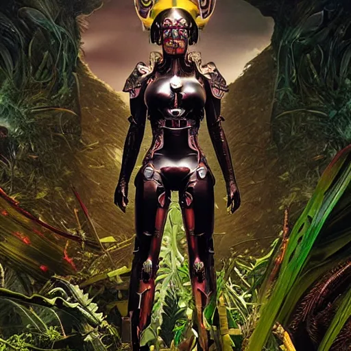 Image similar to mystical evil scifi cyborg android queen with obsidian eyes, wearing an elaborate medieval helmet, in a jungle of subsurface wax tendril leaves, volumetric lighting, realistic concept art, octane render, 8 k, unreal engine, art by todd mcfarlane and artgerm and greg rutkowski and alphonse mucha