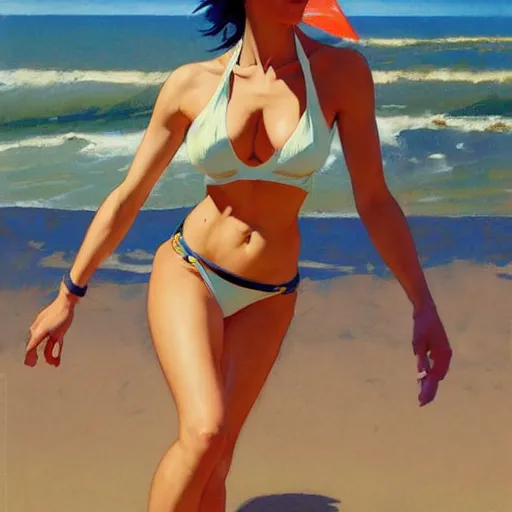 Image similar to greg manchess painting of tracer wearing a bikini in a beach, medium shot, organic painting, sunny day, bold shapes, hard edges, street art, trending on artstation, by huang guangjian and gil elvgren and sachin teng and artgerm and greg rutkowski and alphonse mucha