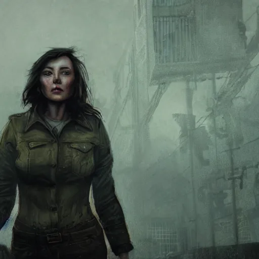 Image similar to fallout 5, charismatic beautiful rugged brunette female protagonist, portrait, outdoors ruined cityscape, atmospheric lighting, painted, intricate, volumetric lighting, beautiful, foggy, rain, daytime, slight overcast weather, sharp focus, deep colours, ultra detailed, by leesha hannigan, ross tran, thierry doizon, kai carpenter, ignacio fernandez rios