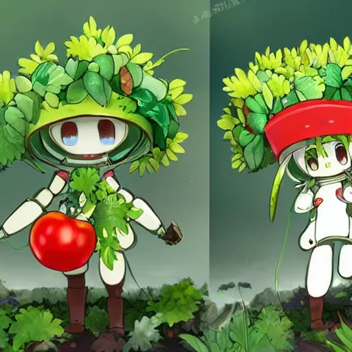 Image similar to cute robot made of plants wearing tomato hat and a chive sword, made in abyss style