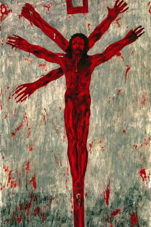 Prompt: bloody christ crucified and some bright ufo in the sky painted by cy twombly and andy warhol