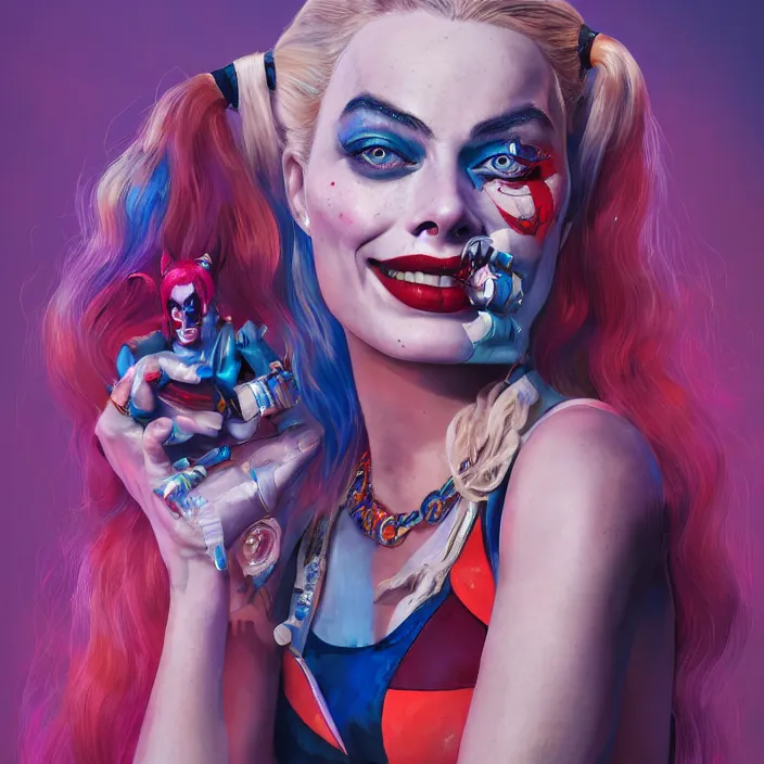 Image similar to portrait of Margot Robbie as a harley quinn. intricate abstract. intricate artwork. by Tooth Wu, wlop, beeple, dan mumford. octane render, trending on artstation, greg rutkowski very coherent symmetrical artwork. cinematic, hyper realism, high detail, octane render, 8k, iridescent accents