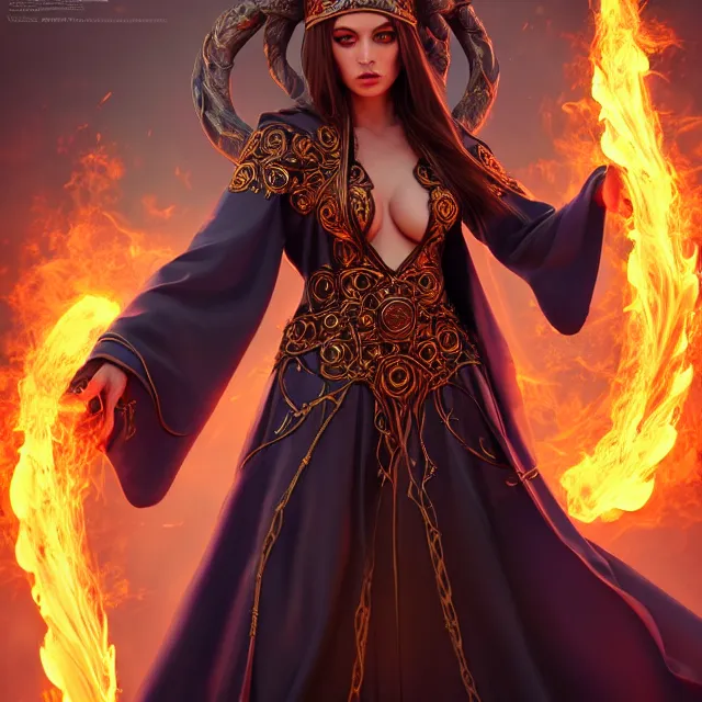 Image similar to beautiful elemental fire witch with ornate robes and staff, highly detailed, 4 k, hdr, smooth, sharp focus, high resolution, award - winning photo, artgerm, photorealistic