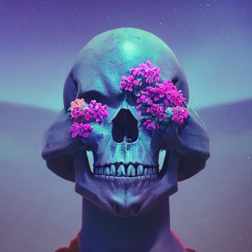 Image similar to beautiful dark landscape, justin sun skull head, beautiful flowers growing, in the style of beeple and mike winkelmann, intricate, epic lighting, cinematic composition, hyper realistic, 8 k resolution, unreal engine 5, raytracing, reflections, ultraviolet colors