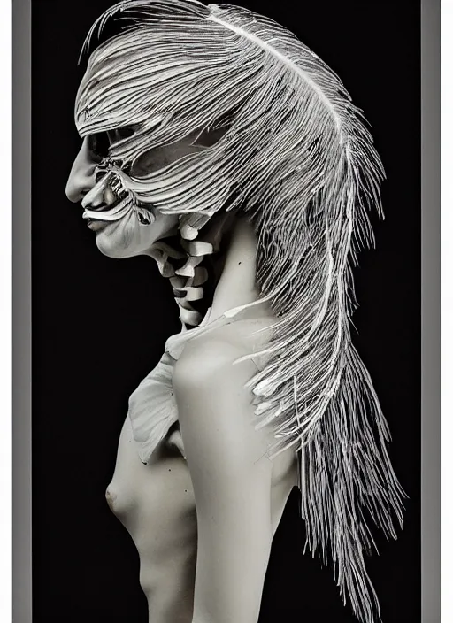 Image similar to a womans face in profile made of feathers skeleton in the style of the dutch masters and gregory crewdson dark and moody