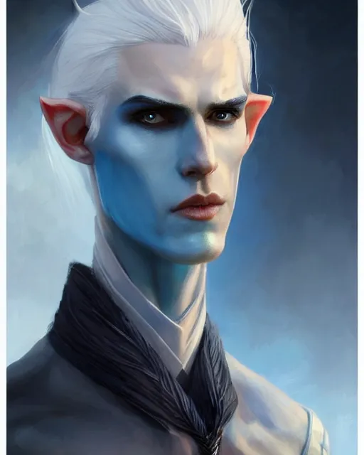 Image similar to character portrait of a slender young half elven man with white hair and white eyebrows, piercing bright blue eyes, and pale bluish skin, by greg rutkowski, mark brookes, jim burns, tom bagshaw, trending on artstation