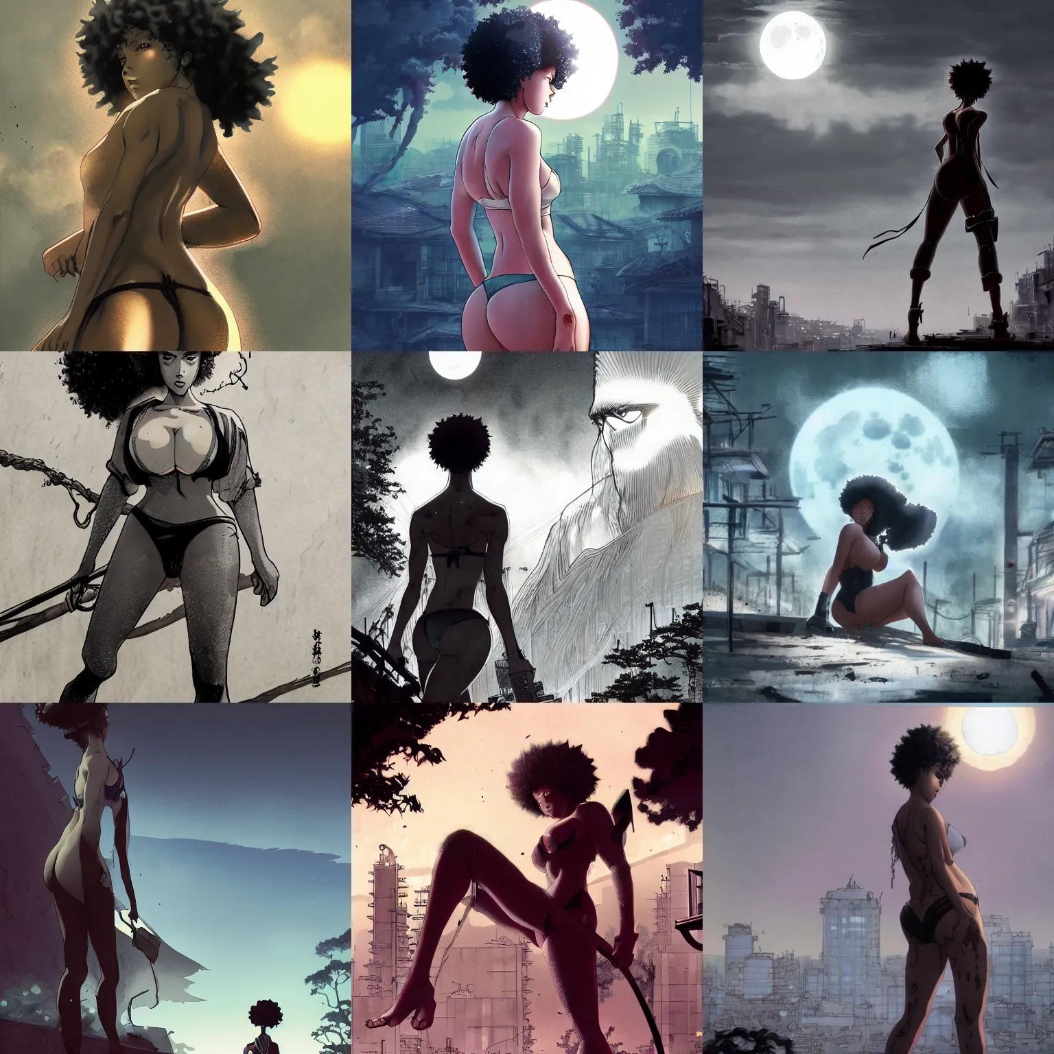 Prompt: , thicc scarlett johansson afro samurai anime style, full body profile, dynamic wide angle lens, manga style, greg rutkowski, pencil and ink, full moon lighting, fully clothed swim suite, in a post apocalyptic city