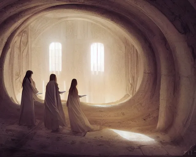 Image similar to inside a tomb, light coming in from the left, 2 angels with wings | 3 women in robes, fibonacci composition, by artgerm, greg rutkowski, craig mullins