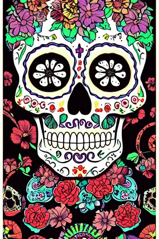 Prompt: illustration of a sugar skull day of the dead girl, art by xie boli